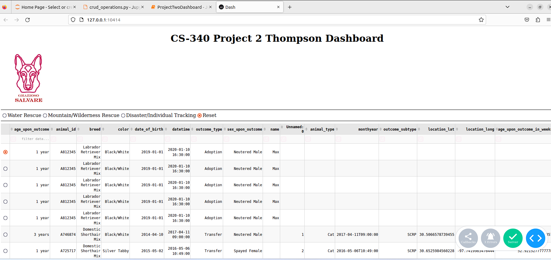 Initial animal rescue dashboard data table